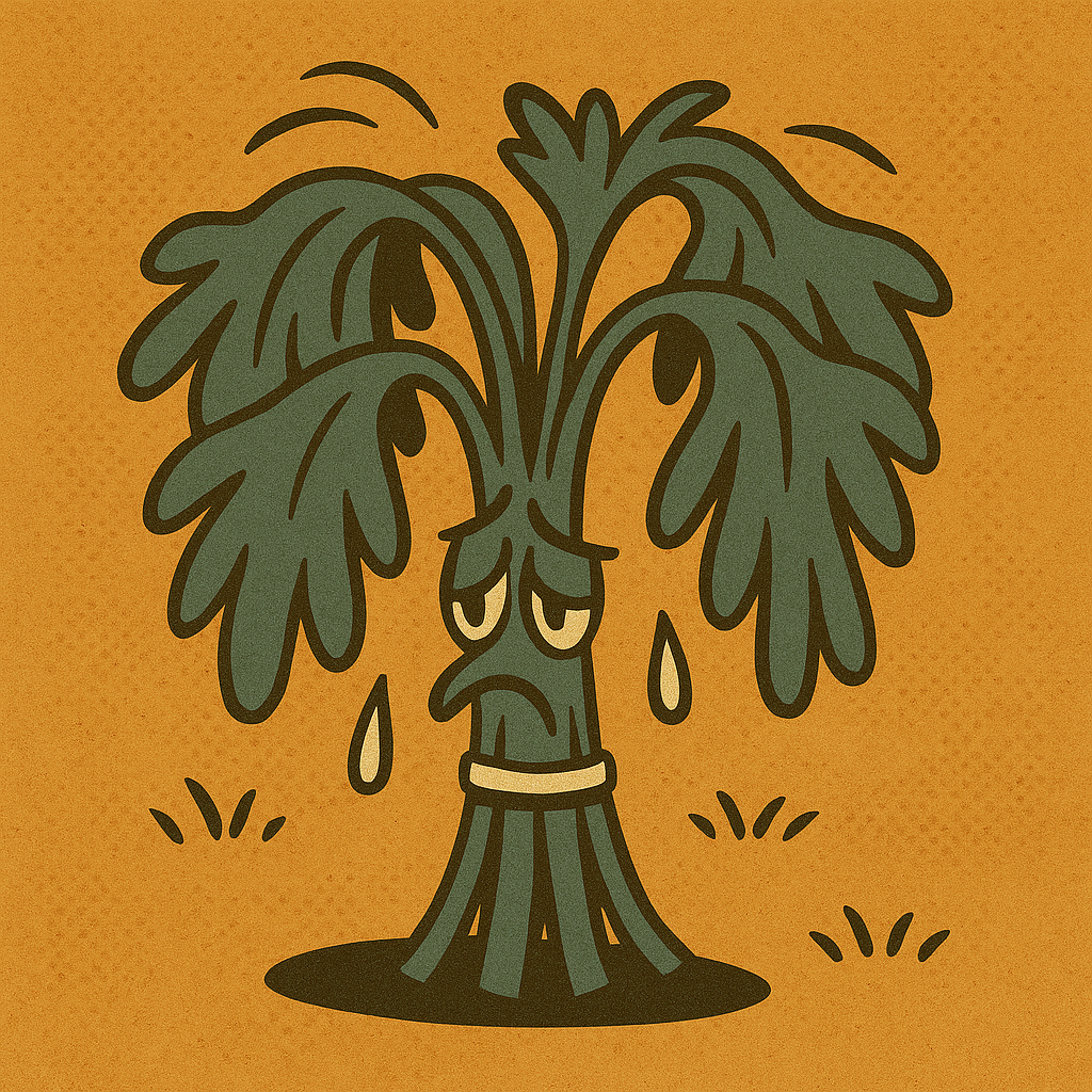 Retro-Comic-Illustration eines traurigen Bundes Petersilie mit hängenden, welken Blättern. Die Petersilie hat ein unglückliches Gesicht mit halb geschlossenen Augen und hängendem Mundwinkel, daneben Tropfen, die wie Schweiß oder Tränen wirken. Hintergrund in warmem Ockerton mit Halftone-Textur, klare schwarze Konturen im 1950er-Jahre-Cartoonstil.