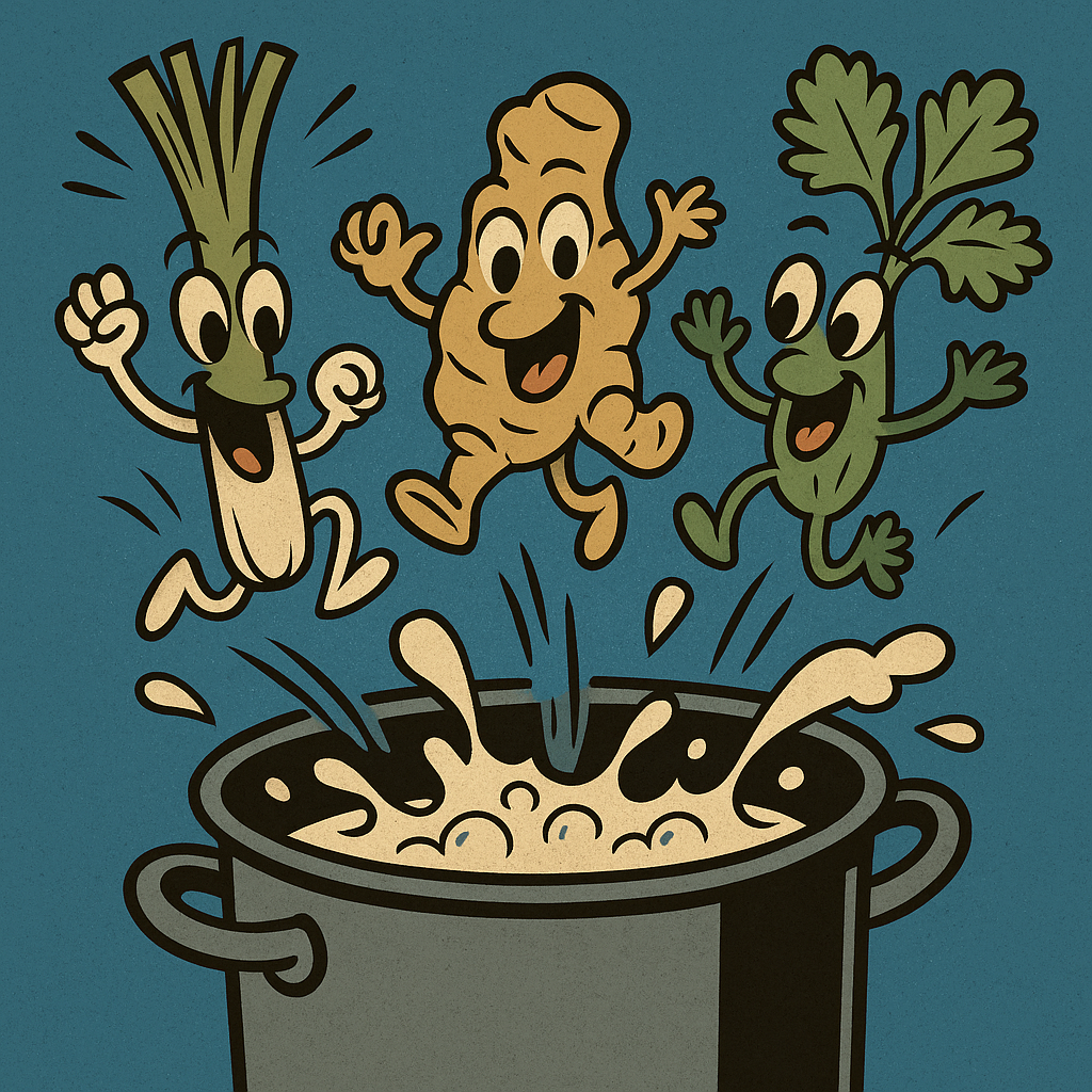 Zitronengras, Ingwer und Koriandergrün als fröhliche, anthropomorphe Figuren springen lachend in einen kochenden Topf.
