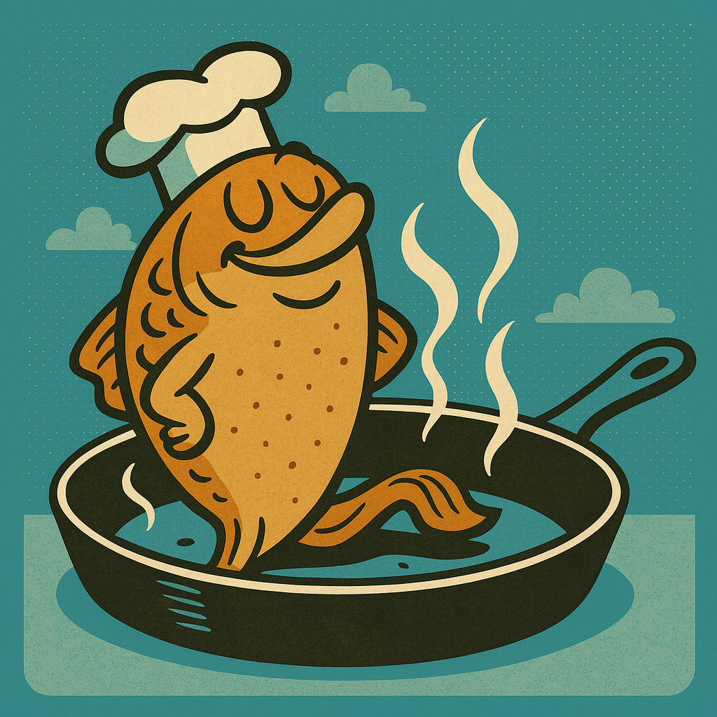 Podcastcover zur Folge „Was ist mit Hühnchen?“ – gezeichnetes Hähnchen auf einem Backblech, goldbraun gebraten, mit Thermometer im Flügel und einem zufriedenen Gesichtsausdruck. Comic-Stil, Hintergrund in warmen Ofenfarben.