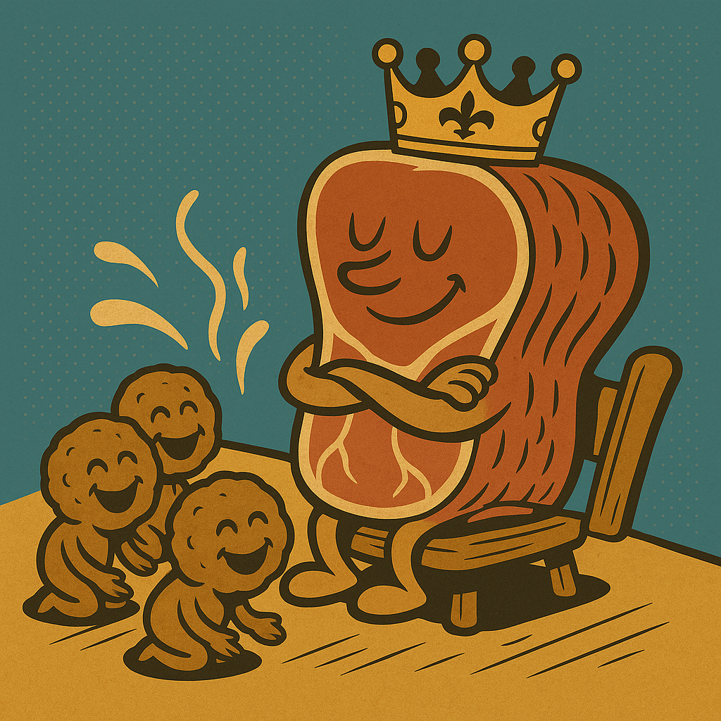 Podcastcover zur Folge „Was ist mit Hühnchen?“ – gezeichnetes Hähnchen auf einem Backblech, goldbraun gebraten, mit Thermometer im Flügel und einem zufriedenen Gesichtsausdruck. Comic-Stil, Hintergrund in warmen Ofenfarben.